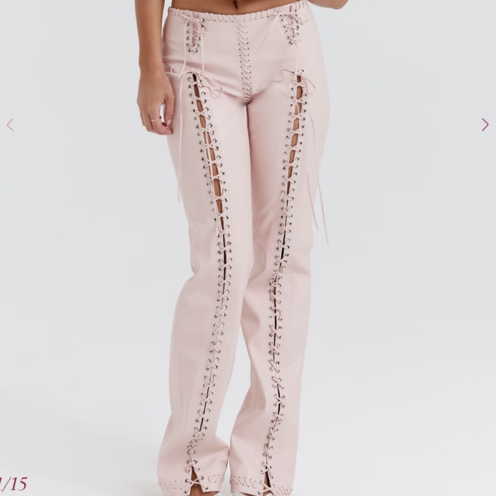 House of CB Elliot Peach Pink Vegan Leather Lace-Up Pants Hard to Find